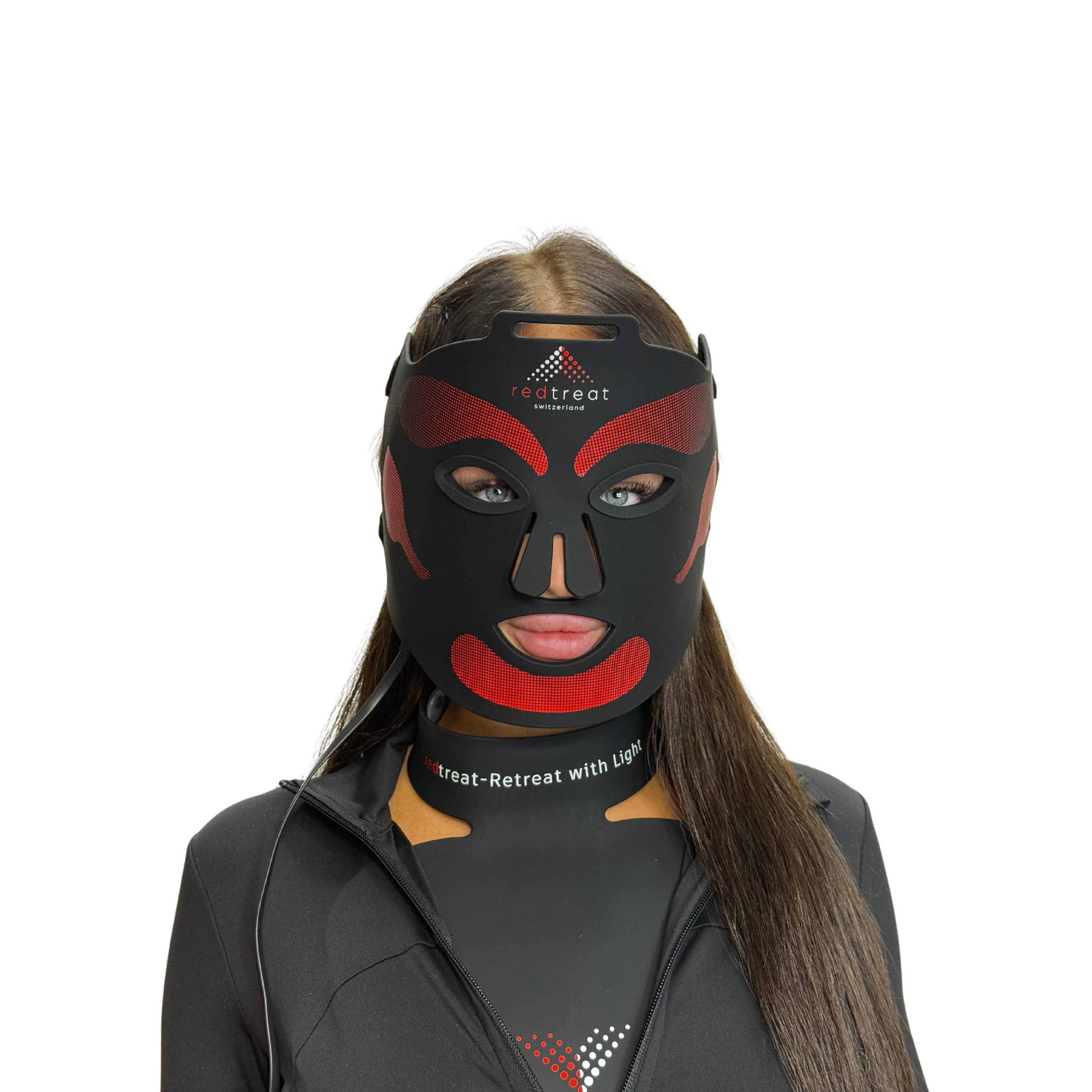 redtreat SolisMask in black worn on the face, front view of the LED face mask