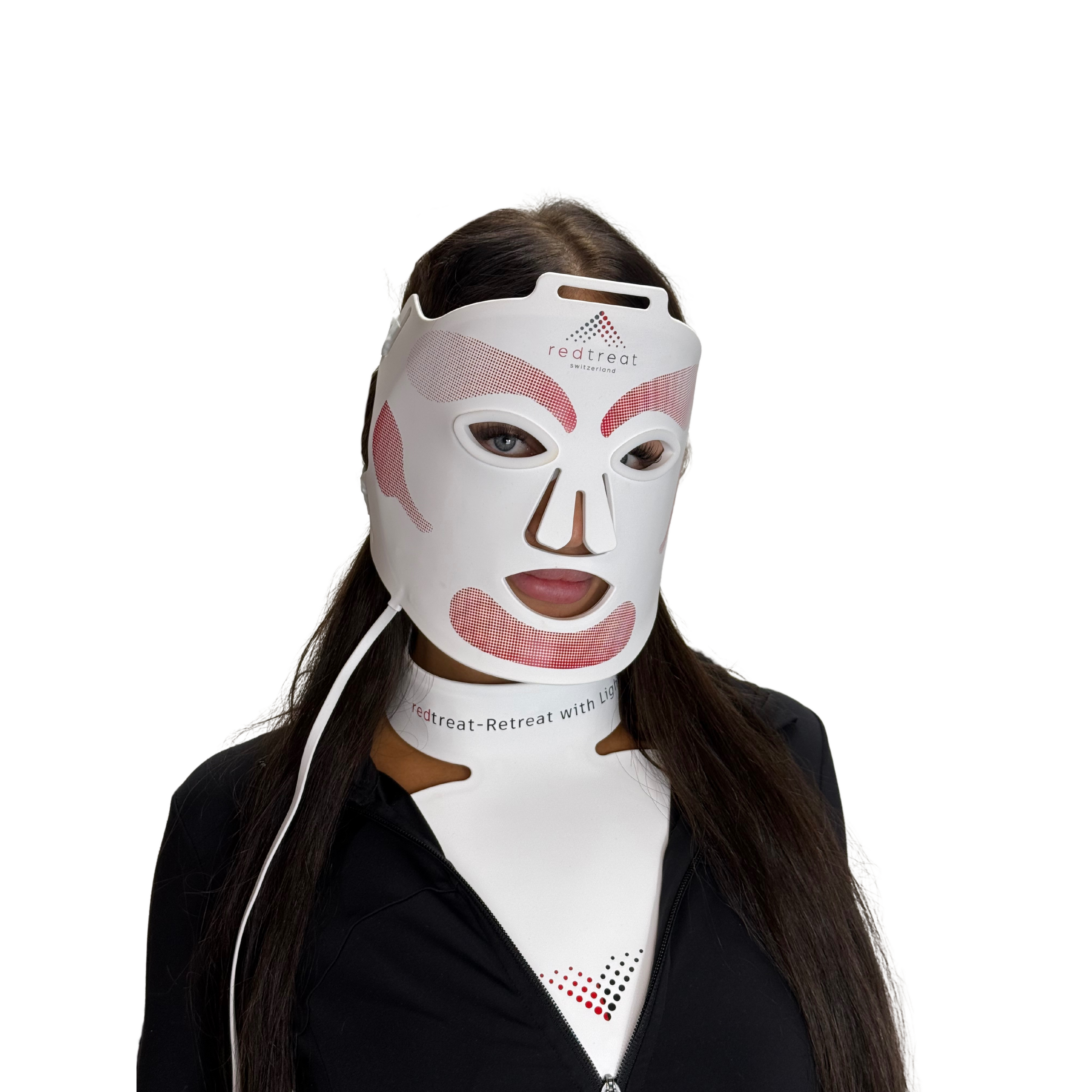 redtreat SolisMask in white being worn, LED face mask with connecting cable, front view