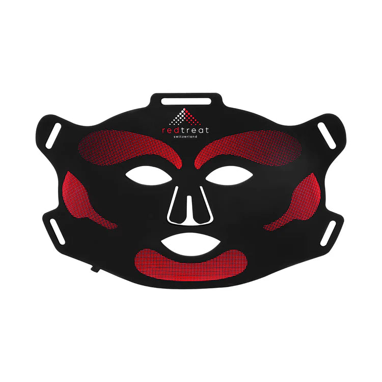 redtreat SolisMask in black, LED face mask lying flat with red light zones